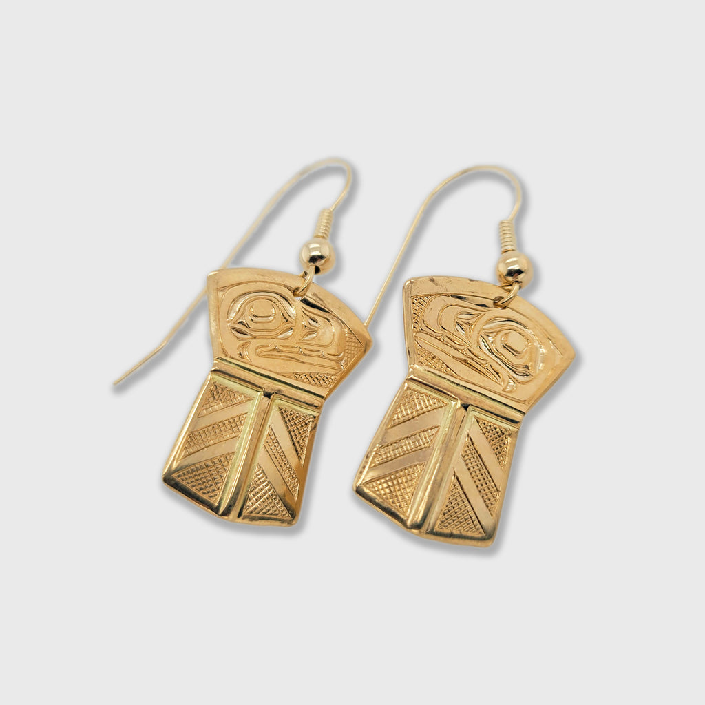 Gold Copper-shaped Orca Earrings by Kwakwaka'wakw artist Joe Wilson