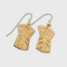 Gold Copper-shaped Wolf stud earrings by Kwakwaka'wakw artist Joe Wilson