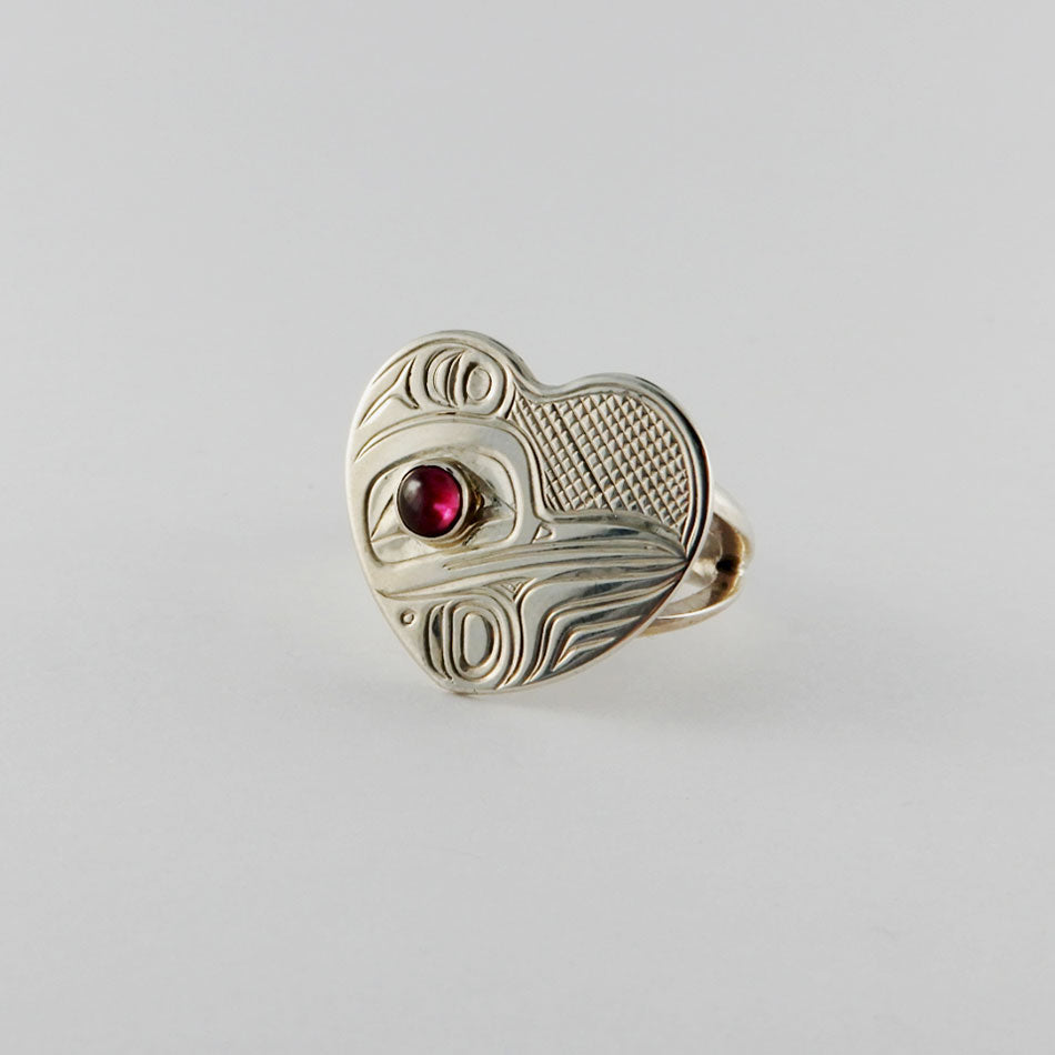 Silver and Garnet Heart-shaped Hummingbird Ring by Kwakwaka'wakw artist Chris Cook