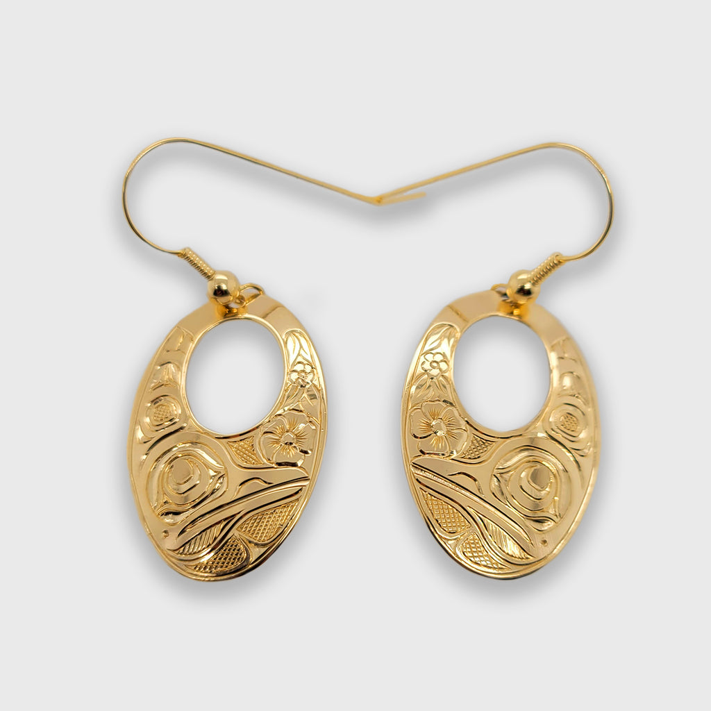 Gold Oval Hummingbird Earrings by Kwakwaka'wakw artist Joe Wilson