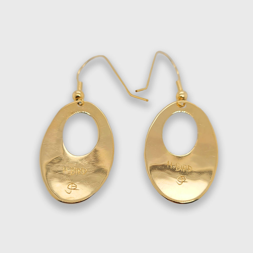 Gold Oval Hummingbird Earrings by Kwakwaka'wakw artist Joe Wilson