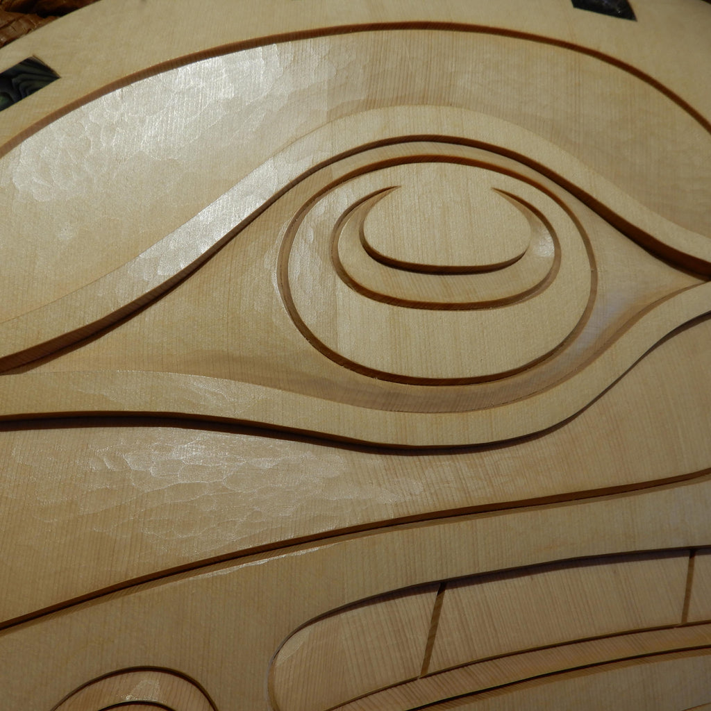 Raven and Sea Serpent Cedar Panel by Nuu-chah-nulth carver Joshua Prescott