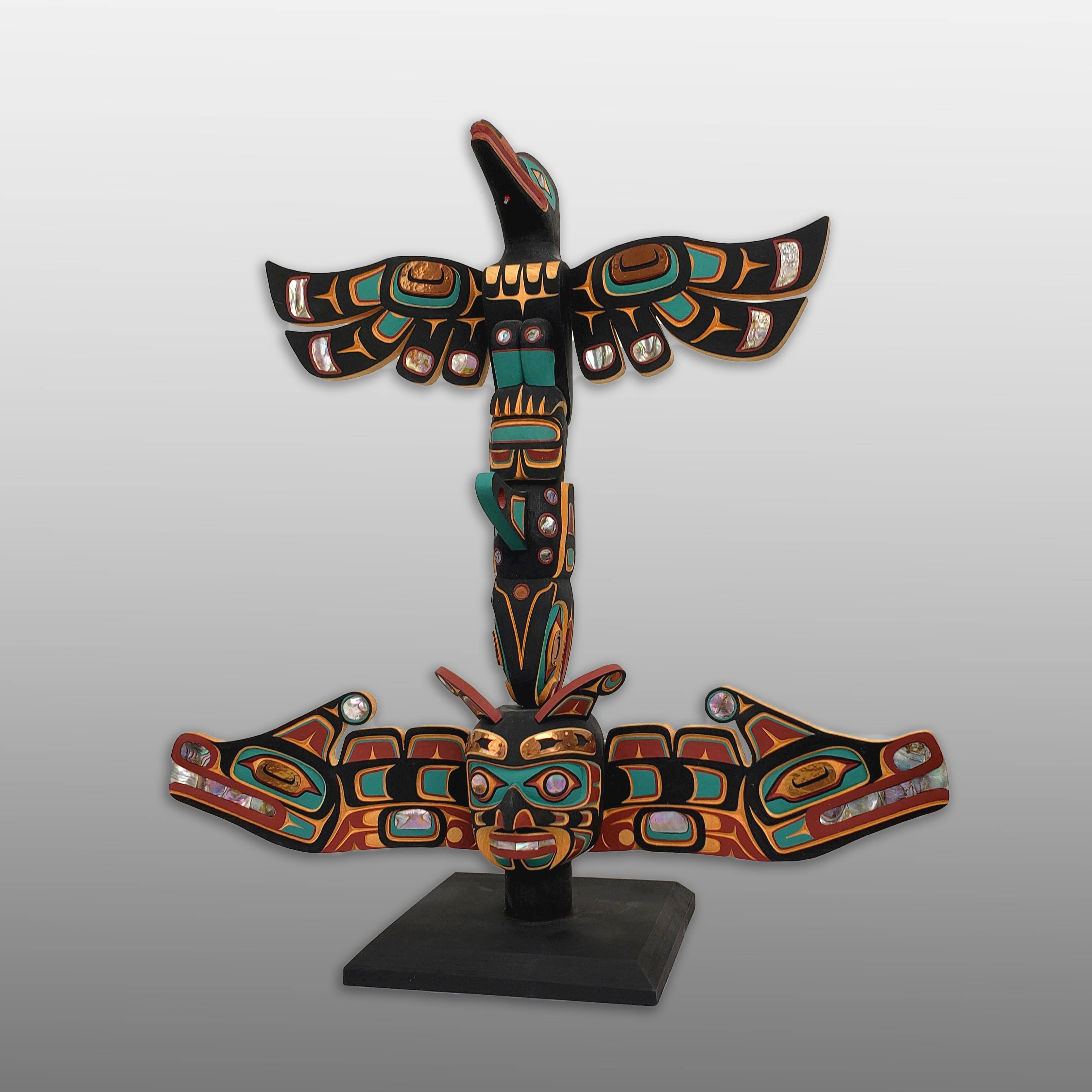 Miniature Raven, Whale and Sisiutl Totem Pole by Kwakwaka'wakw carver Kevin Cranmer