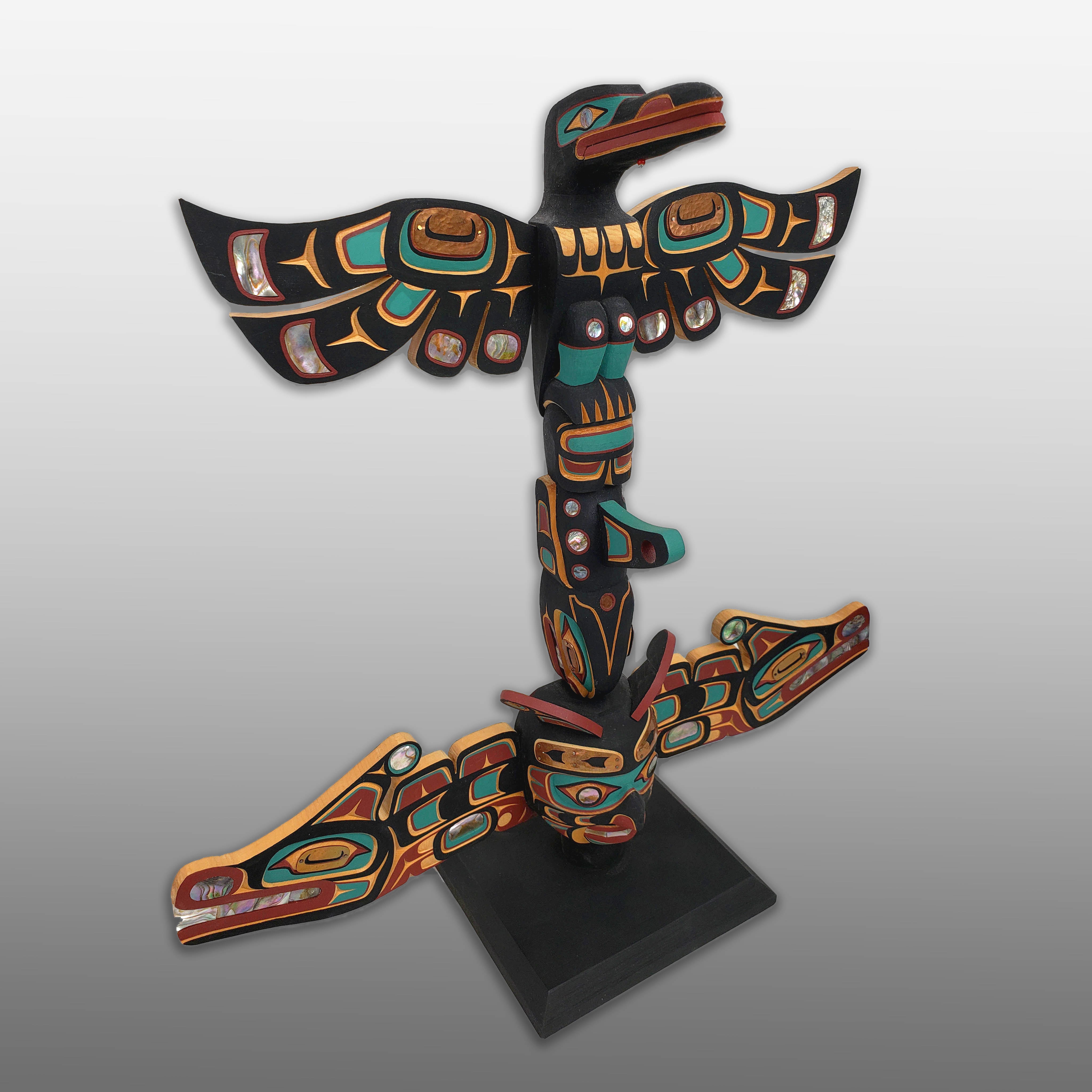 Miniature Raven, Whale and Sisiutl Totem Pole by Kwakwaka'wakw carver Kevin Cranmer