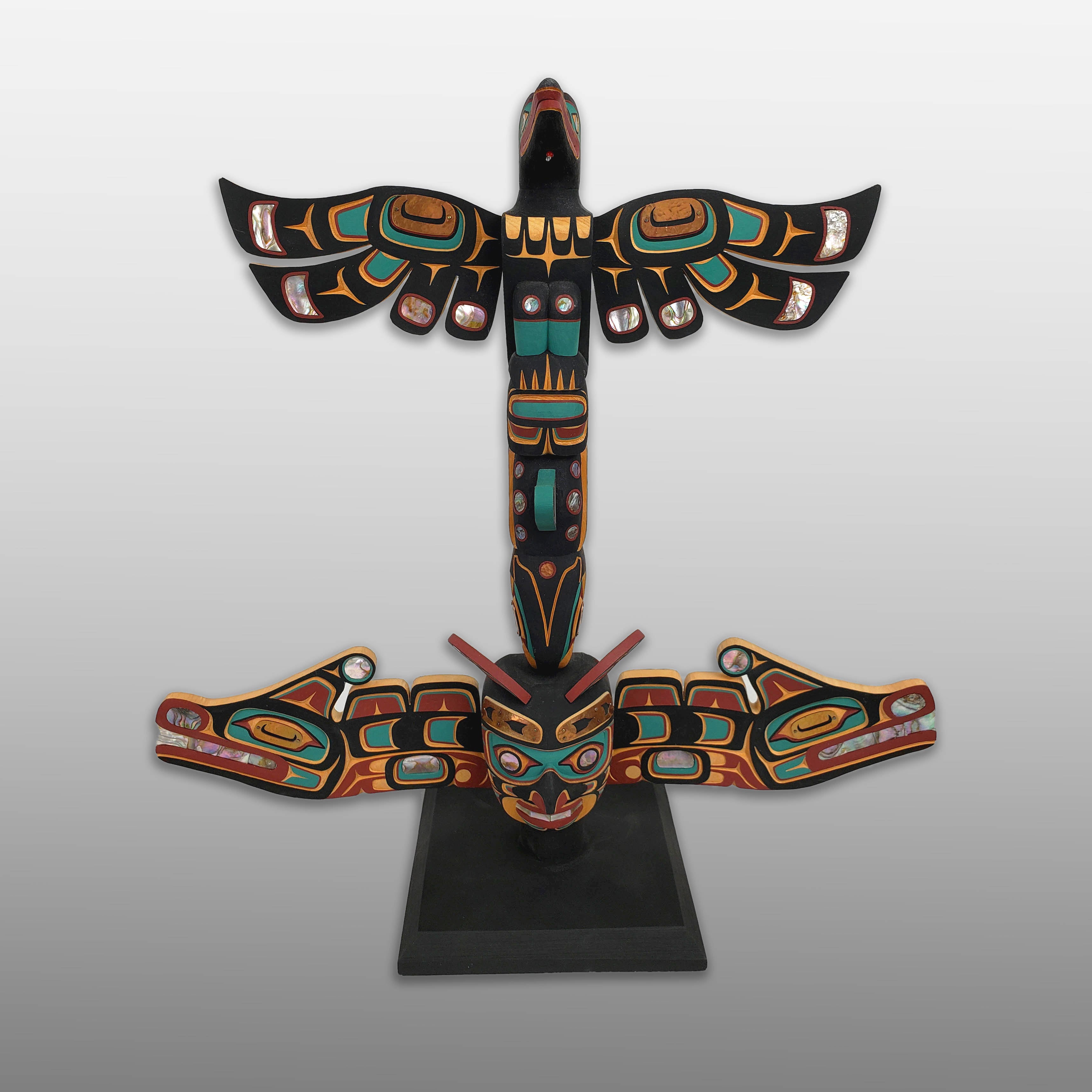 Miniature Raven, Whale and Sisiutl Totem Pole by Kwakwaka'wakw carver Kevin Cranmer