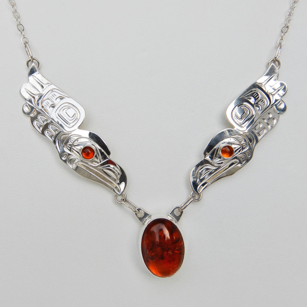 First Nations Silver and Amber Raven Song Necklace by Kwakwaka'wakw artist Chris Cook