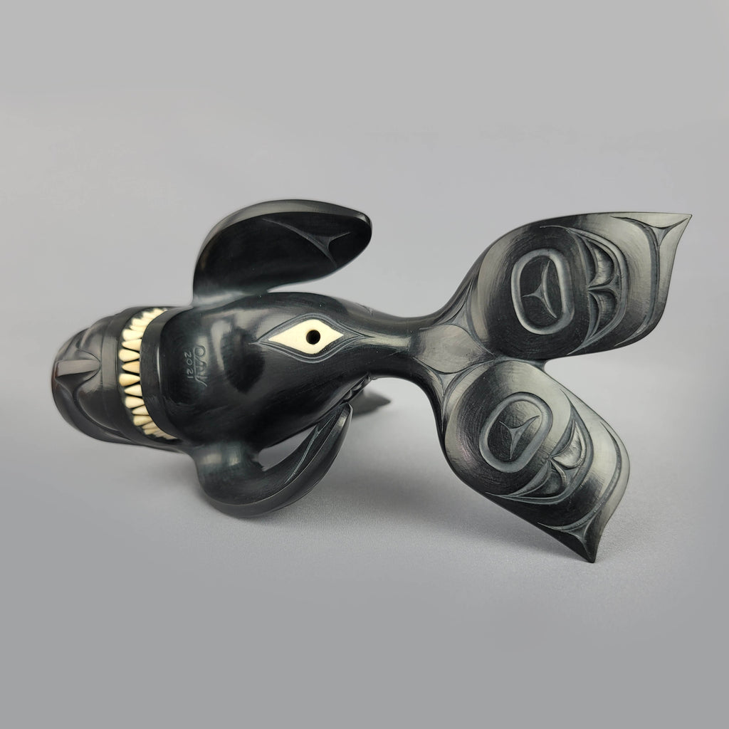 Argillite Orca with Raven Fin Sculpture by Haida carver Darrell White