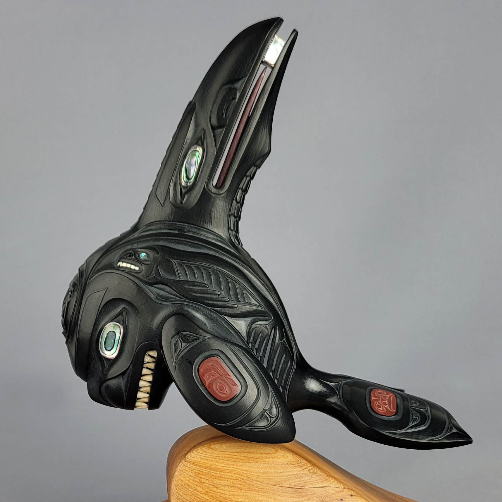 Argillite Orca with Raven Fin Sculpture by Haida carver Darrell White