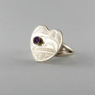 Silver and Amelyst Heart-shaped Raven Ring by Kwakwaka'wakw artist Chris Cook