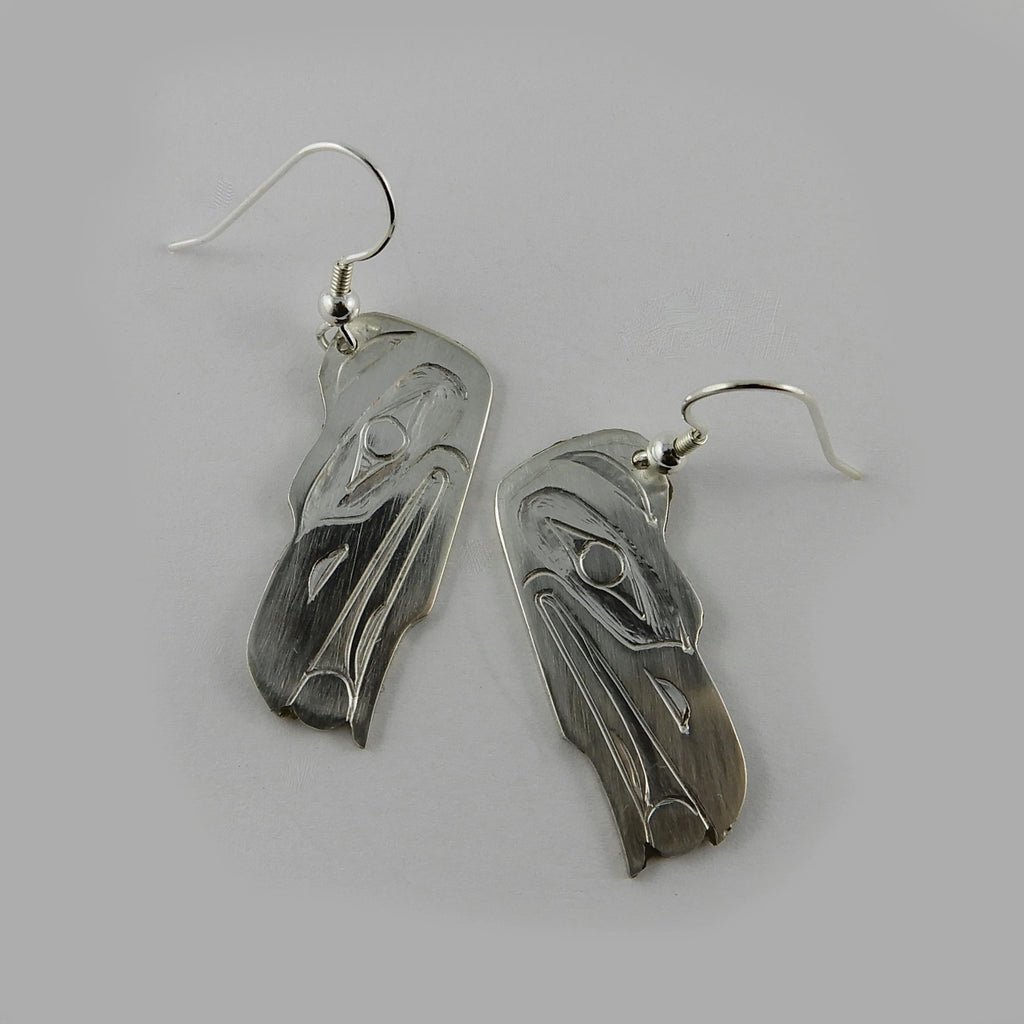 Silver Raven Steals the Light Earrings by Haida Master Carver Ron Russ