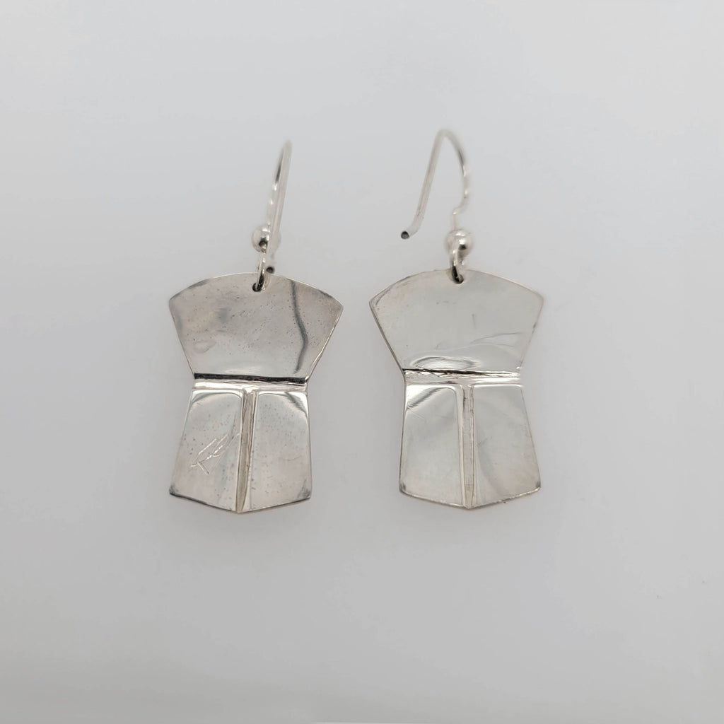 Silver Copper-shaped Eagle Earrings by Haida artist Carmen Goertzen