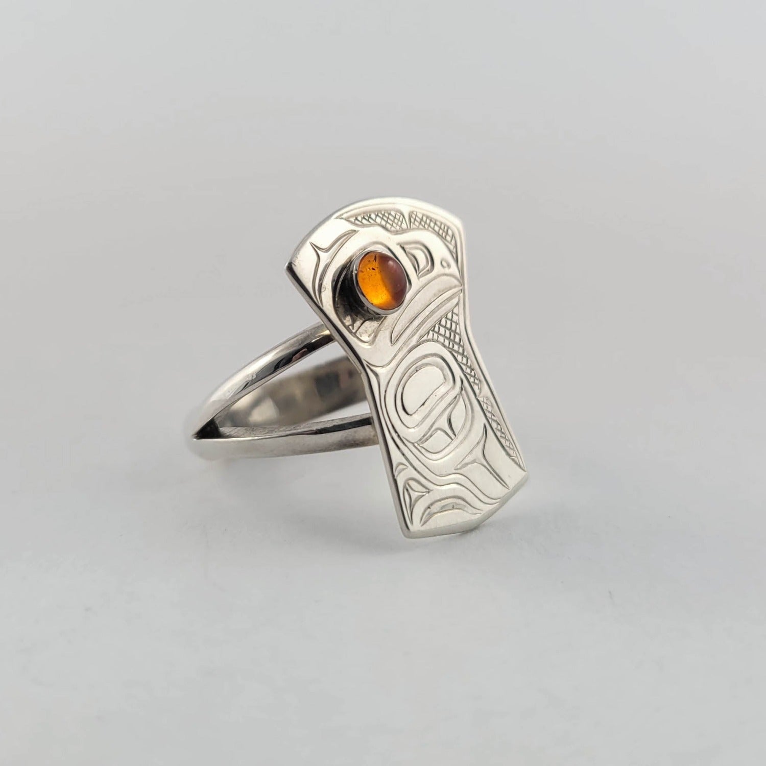 Silver and Amber Eagle Ring by Kwakwaka'wakw artist Chris Cook