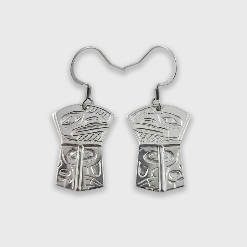 Silver copper-shaped Raven Earrings by Haida artist Derek White