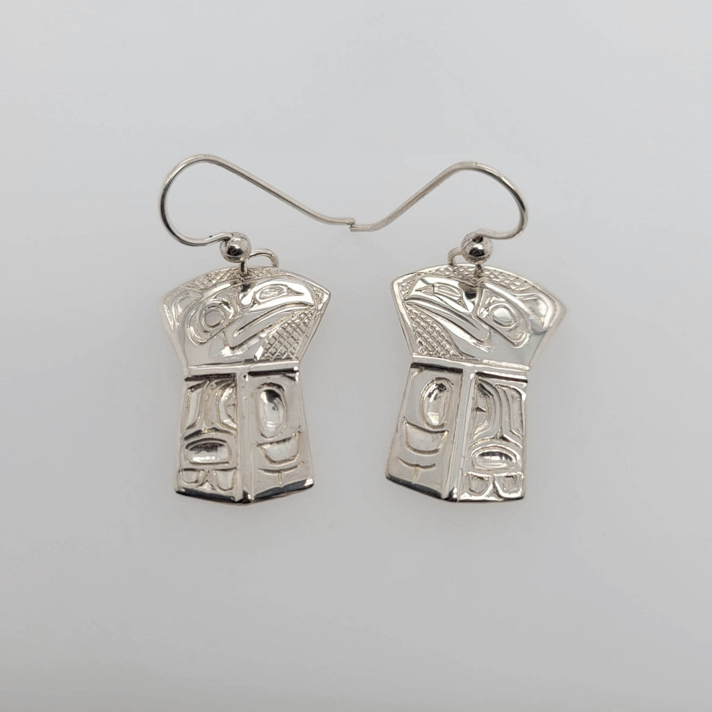 Silver Copper-shaped Raven Earrings by Haida artist Carmen Goertzen