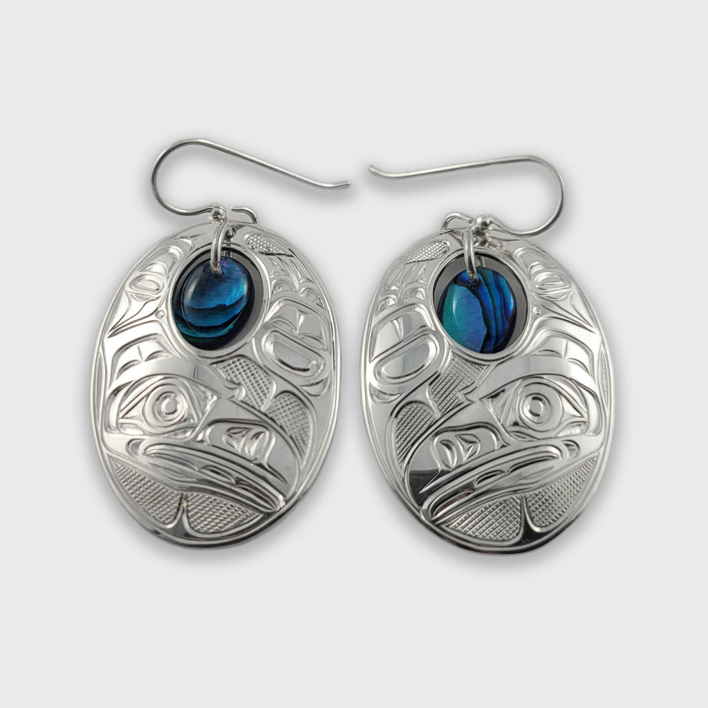 Silver and Abalone Oval Raven Earrings by Kwakwaka'wakw artist Chris Cook