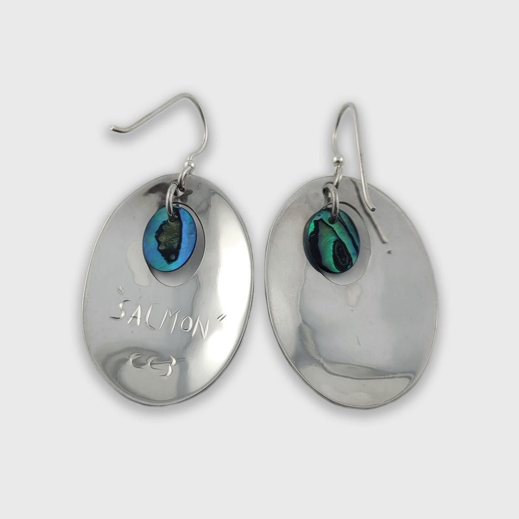 Silver and Abalone Oval Salmon Earrings by Kwakwaka'wakw artist Chris Cook
