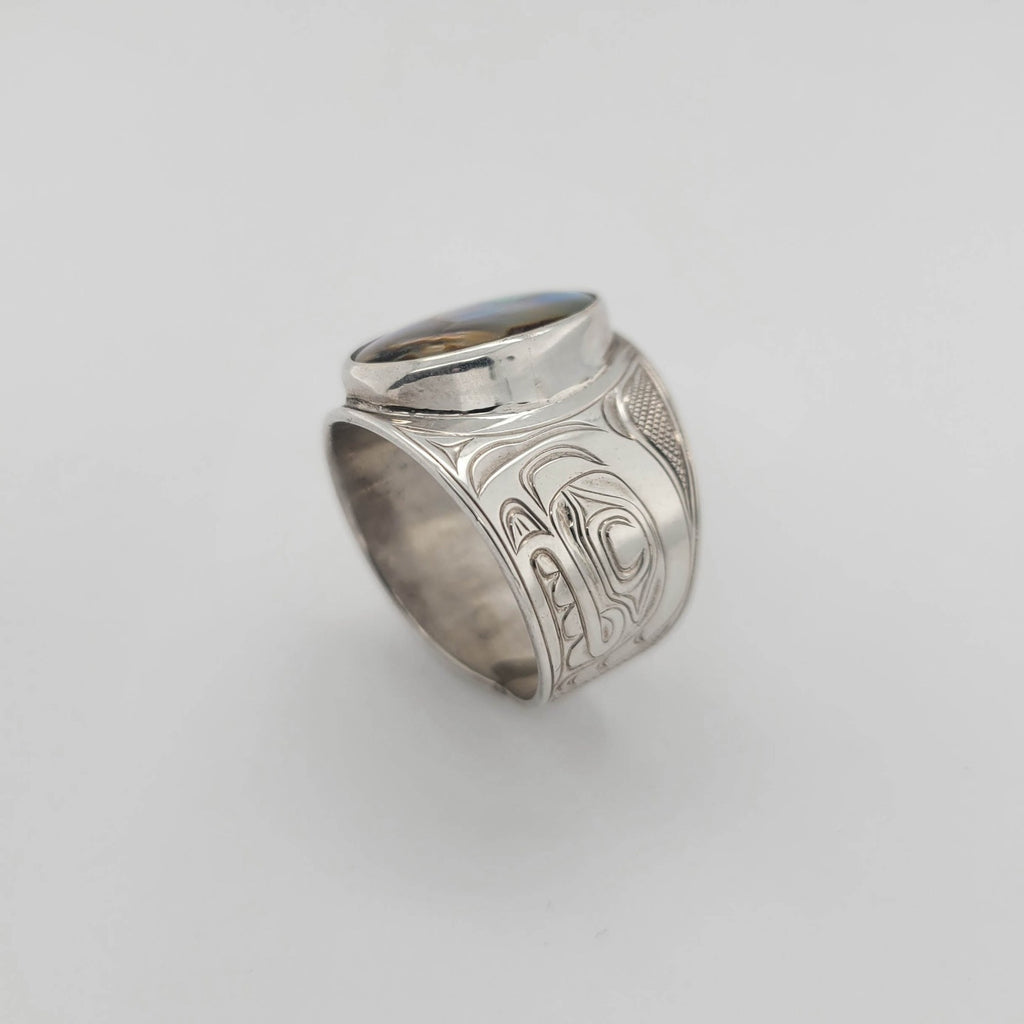 Silver and Abalone Orca Signet Ring by Kwakwaka'wakw artist Chris Cook
