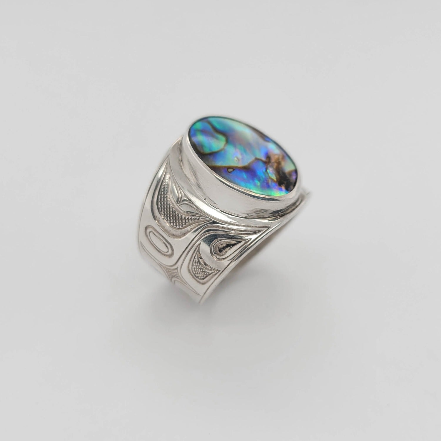 Silver and Abalone Orca Signet Ring by Kwakwaka'wakw artist Chris Cook