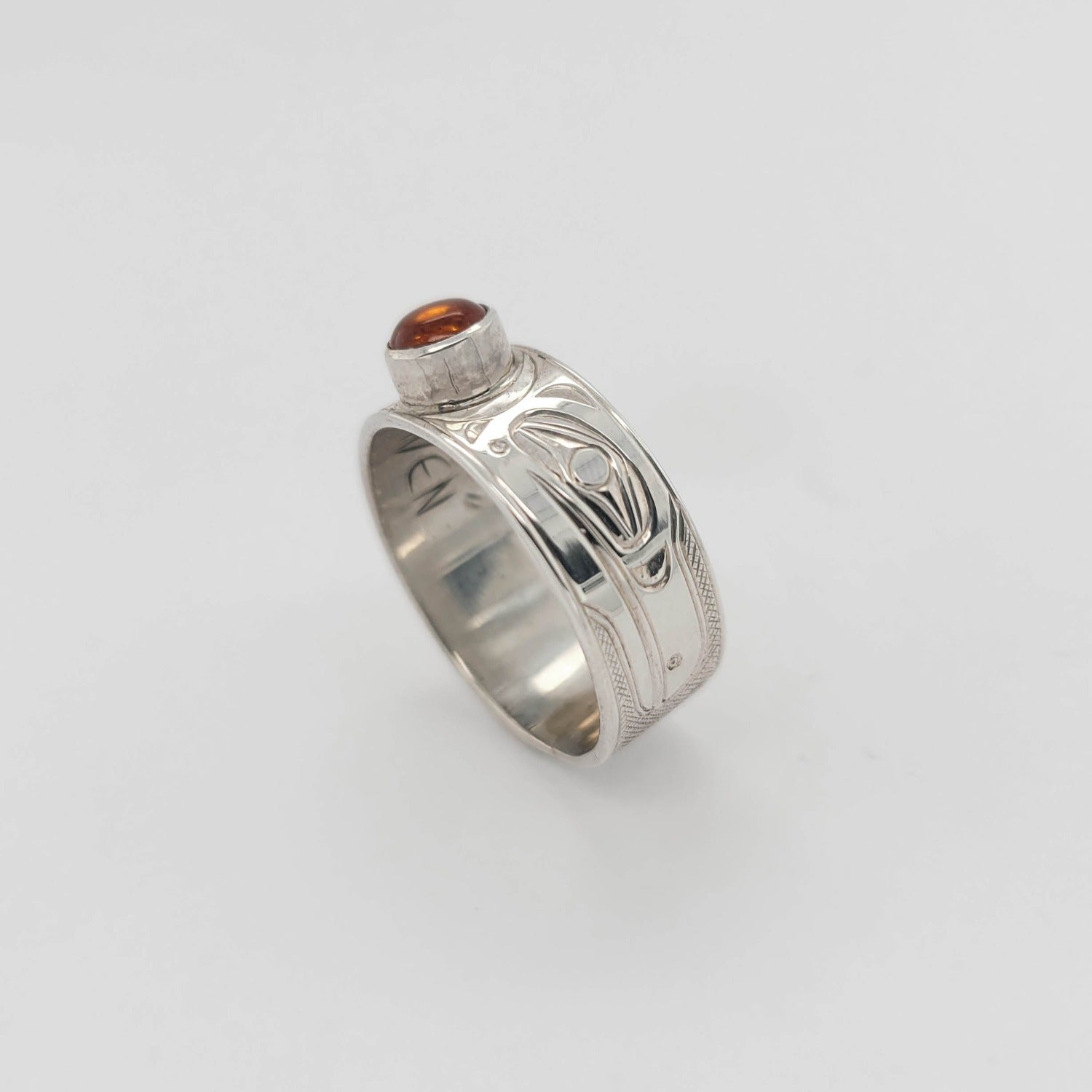 Silver and Amber Raven Ring by Kwakwaka'wakw artist Chris Cook