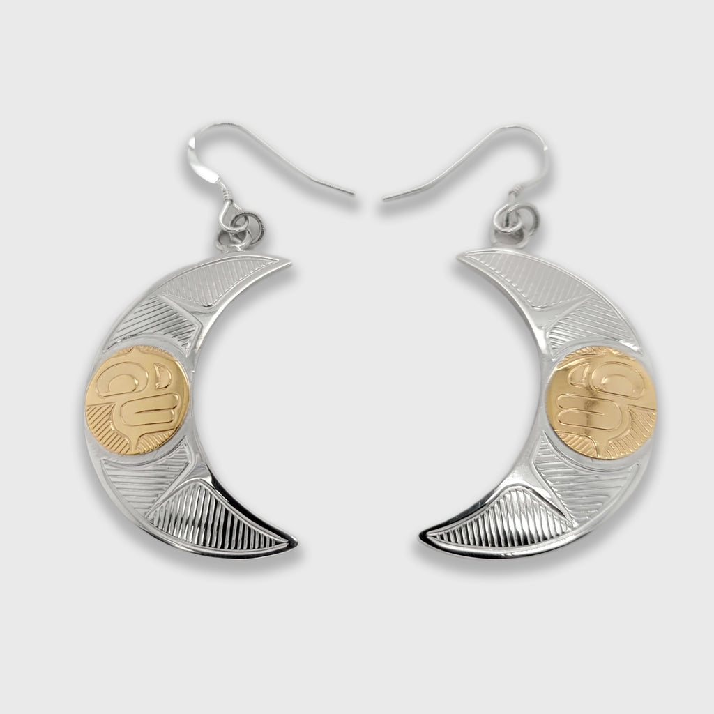 Silver and Gold Crescent Moon Earrings by Cree artist Justin Rivard