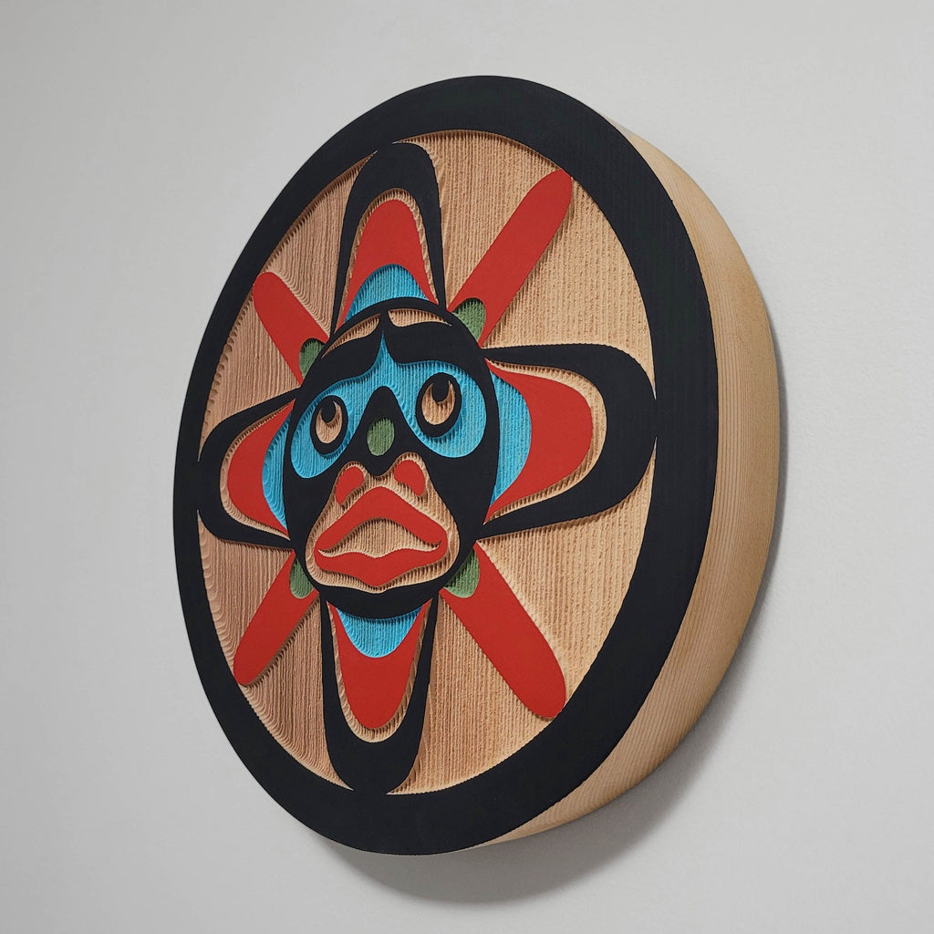 First Nations Sandblasted Cedar Panel with Sun Design by Kwakiutl artist Trevor Hunt