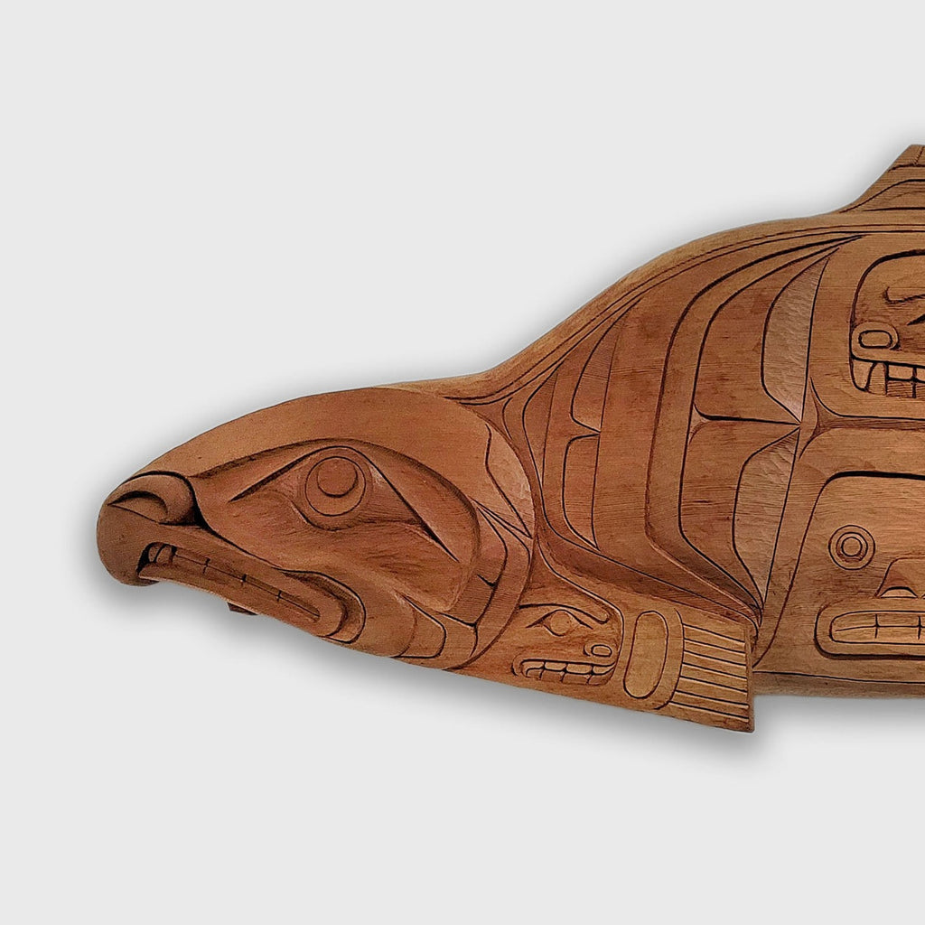 Carved Red Cedar Dog fish or Salmon panel by First Nations artist Aubrey Johnson