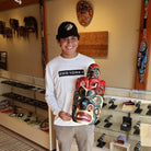 Kwakwaka'wakw carver Talon George holding Chief of the Undersea Mask