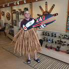 Kwakiutl carver Trevor Hunt holding Raven Headdress with Cedar Bark