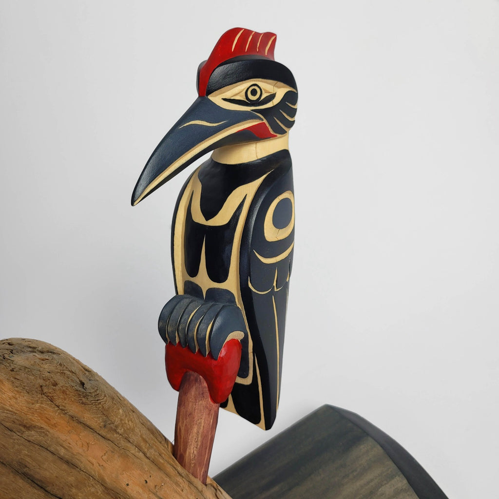 First Nations Woodpecker Rattle and stand by Kwakwaka'wakw carver Greg Henderson