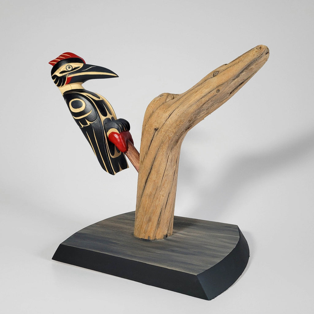 First Nations Woodpecker Rattle and stand by Kwakwaka'wakw carver Greg Henderson