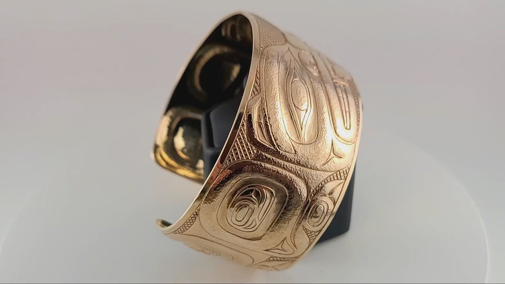 Gold Carved and Hammered Bear Bracelet by Haida artist Derek White